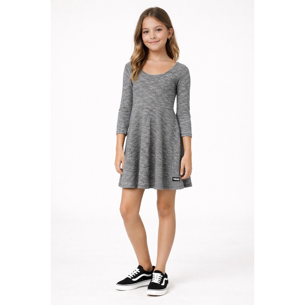 Vans Girls Grey Striped Long Sleeve Skater Dress Size Medium Scoop Neck Knit